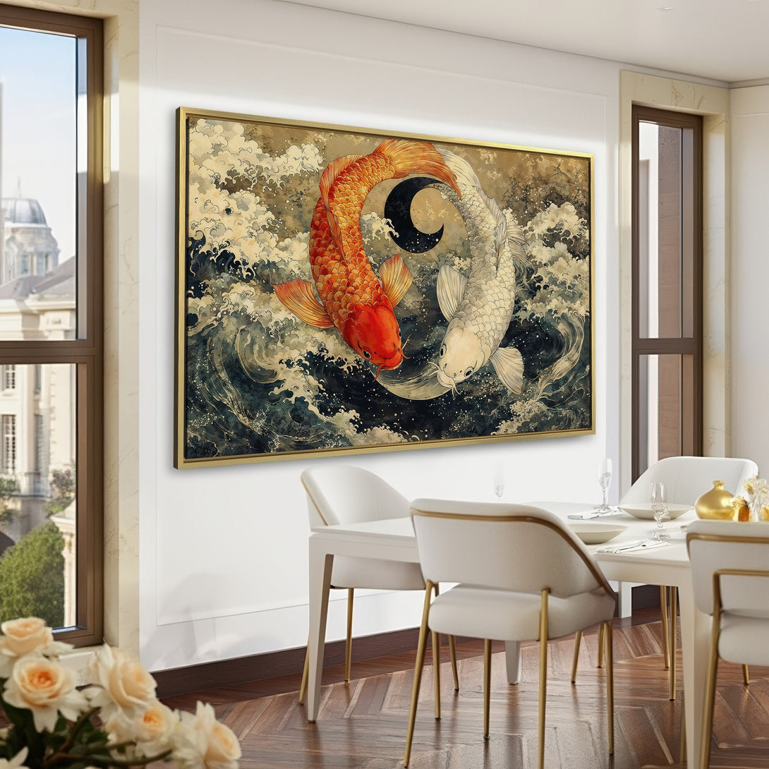 Canvas Print featuring koi fish in a Japanese style, with a warm, earthy color palette. Perfect wall art for a serene home.
