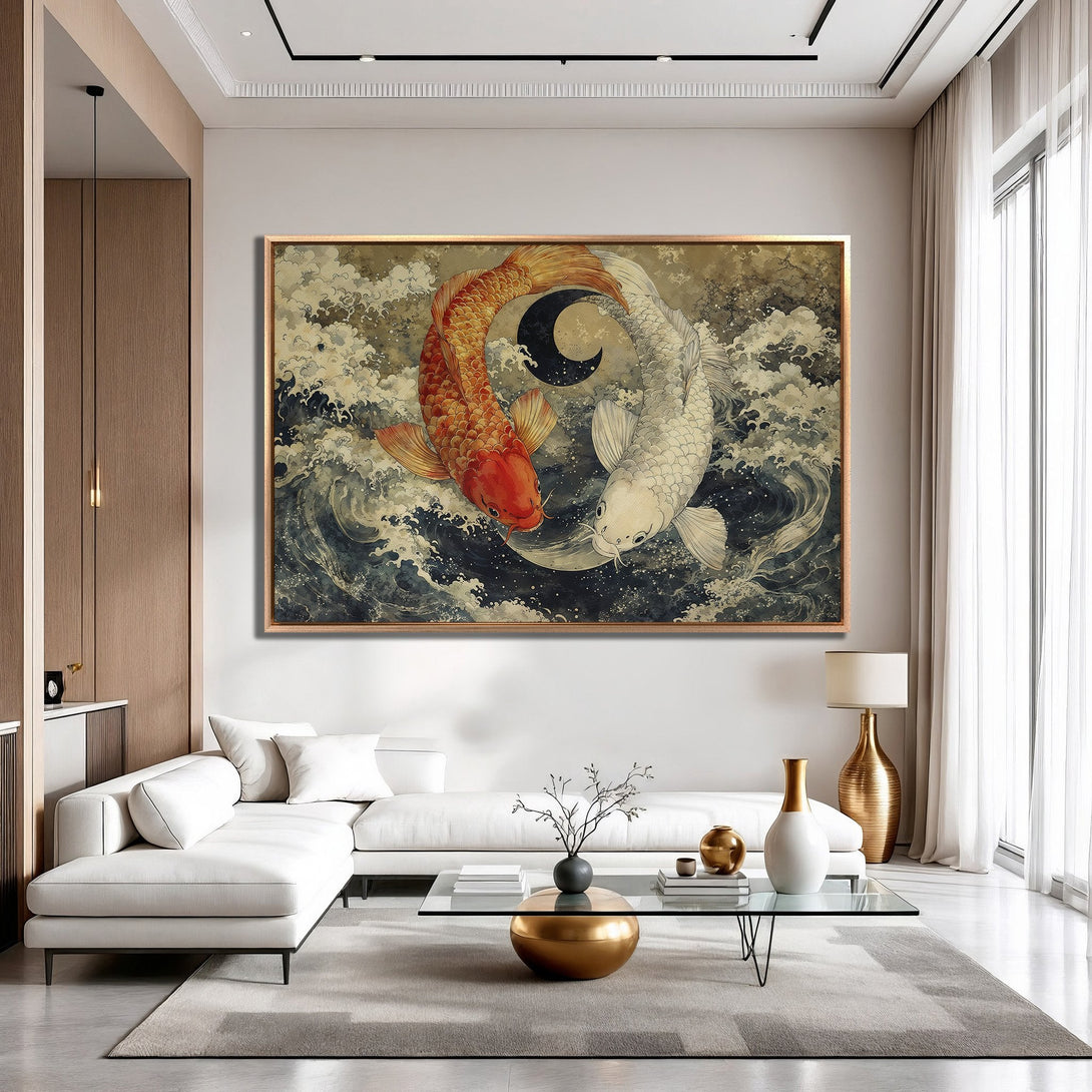 Framed Wall Art: Koi fish painting in a modern living room. Features a calming color palette of orange, white, and navy blue. Elevate your space!