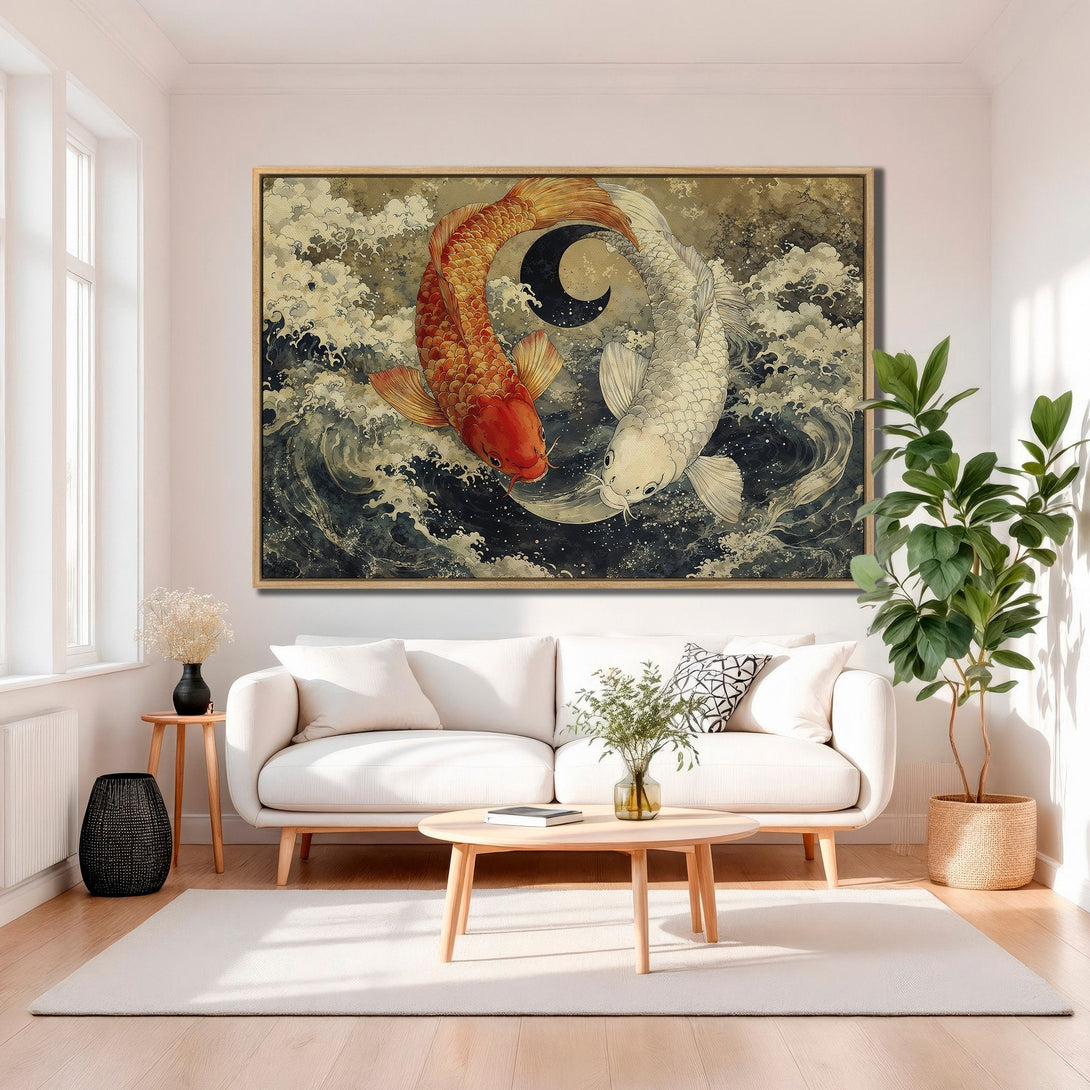 Framed Wall Art featuring koi fish in a Yin Yang design. Japanese-inspired art with a neutral, zen-like color palette. Perfect for modern home decor.