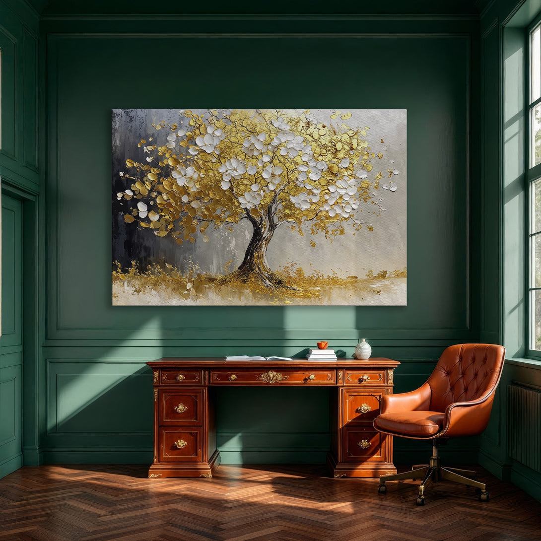 Framed Wall Art featuring a golden tree painting. Modern art with a gold, white, and black color palette. Perfect for dining room decor.