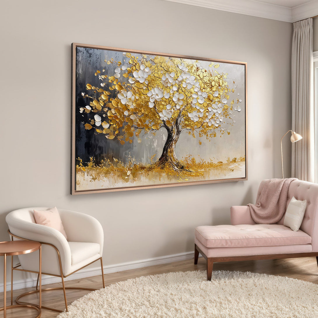 Framed Wall Art: Abstract gold tree painting in a modern interior. Features a gold, white, and gray color palette, perfect for adding elegance to any space.