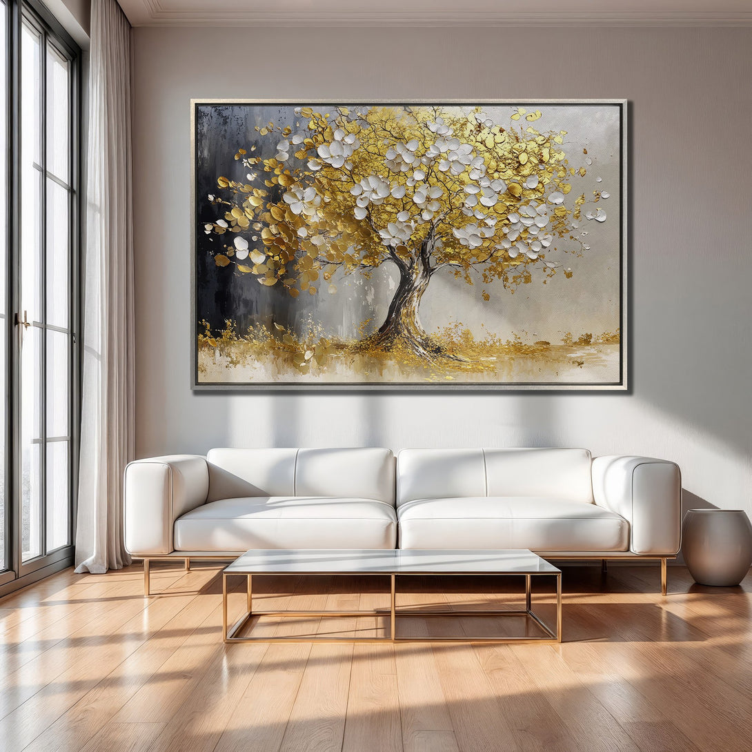 Framed Wall Art: Abstract gold tree painting in a modern living room. Neutral color palette with gold accents, perfect for home decor.