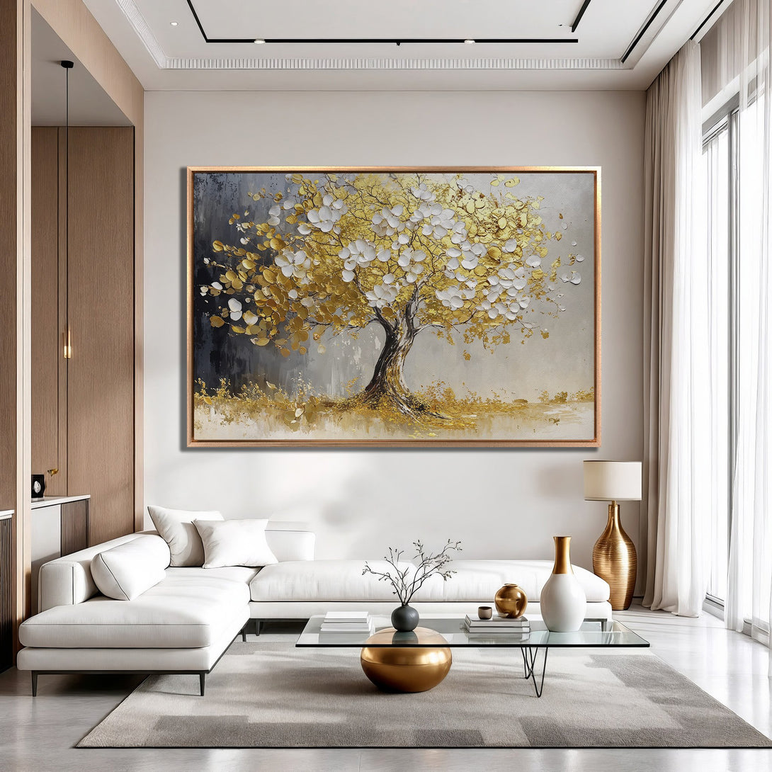 Framed Wall Art: Stunning gold tree art print in a modern living room. Features a gold, white, and gray color palette, adding elegance to any space.