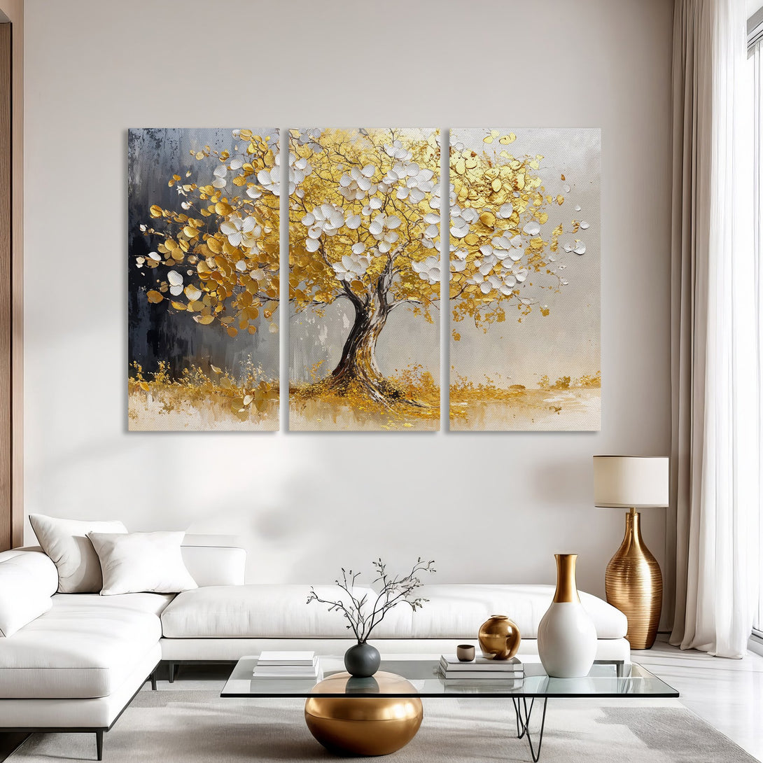 Abstract gold tree Canvas Print art, modern style with neutral and gold color palette, perfect for living room decor.