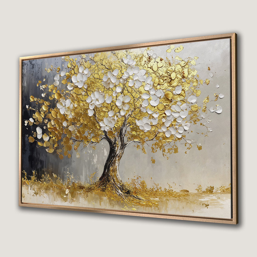 Framed Wall Art: Textured gold and white tree painting. Modern abstract style with a neutral, elegant color palette. Perfect for adding a touch of luxury.