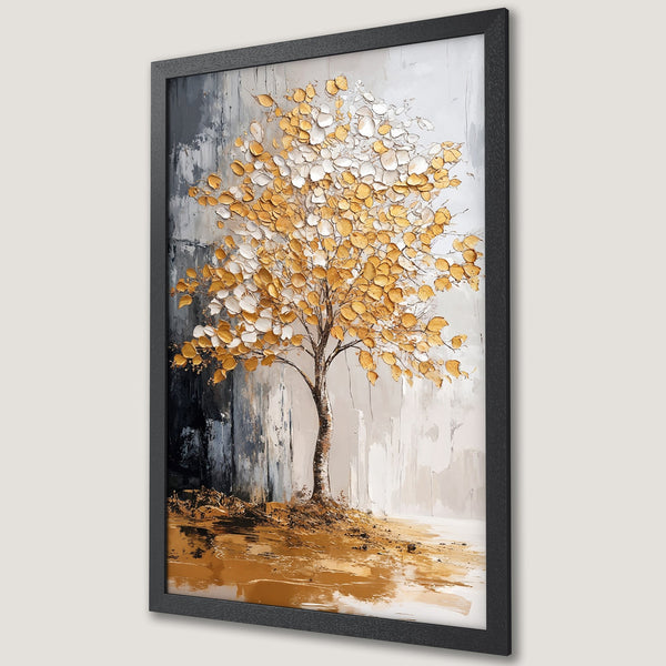 Framed Poster featuring a textured tree painting in gold, white, and gray. Modern art style, perfect wall decor.