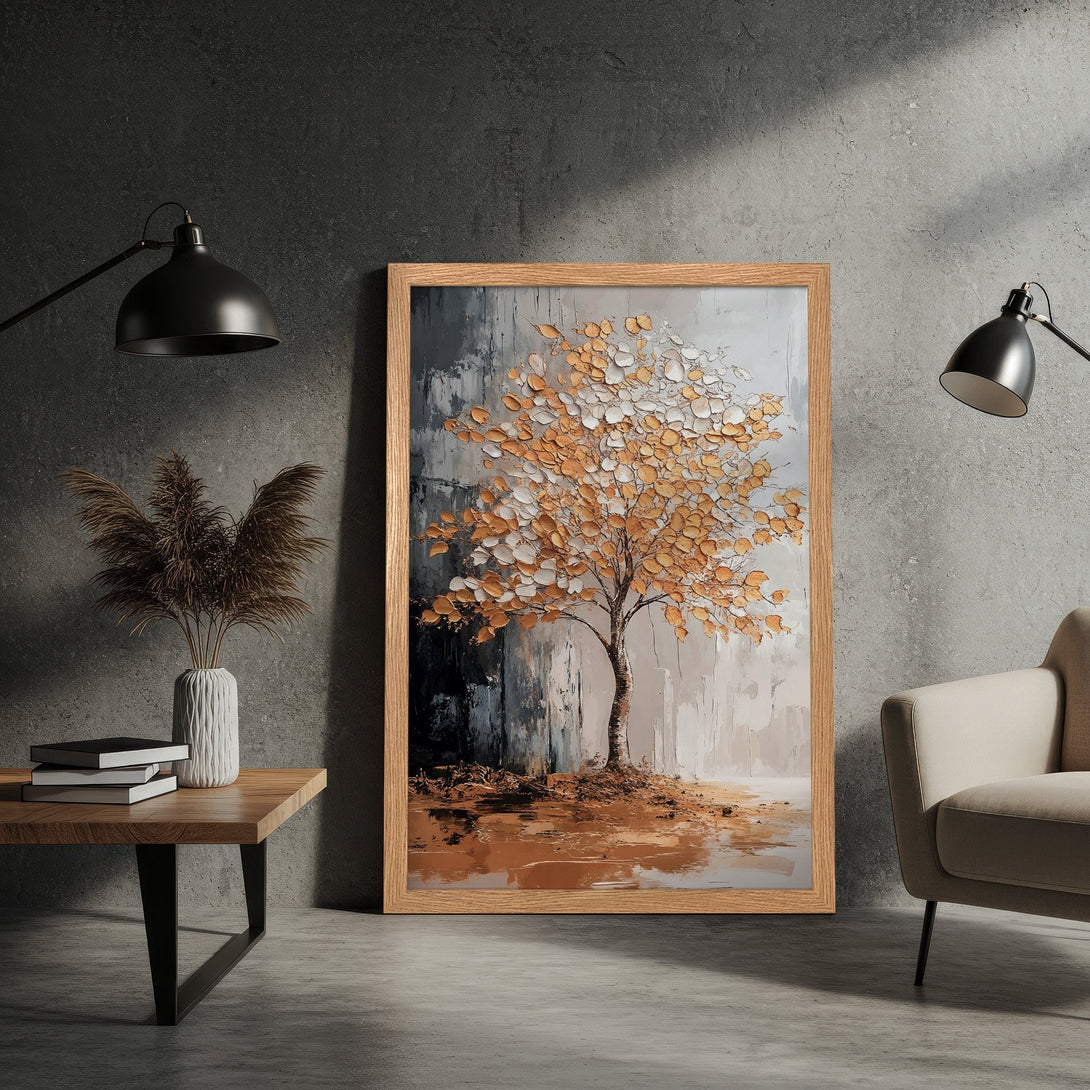 Framed Poster featuring an abstract tree in a neutral palette with gold and gray tones, perfect wall art.