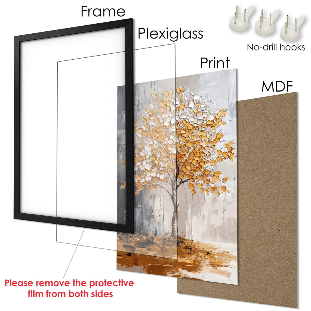 Framed Poster: Abstract tree art print in neutral tones. Modern wall decor with a black frame, ready to hang. Enhance your space!