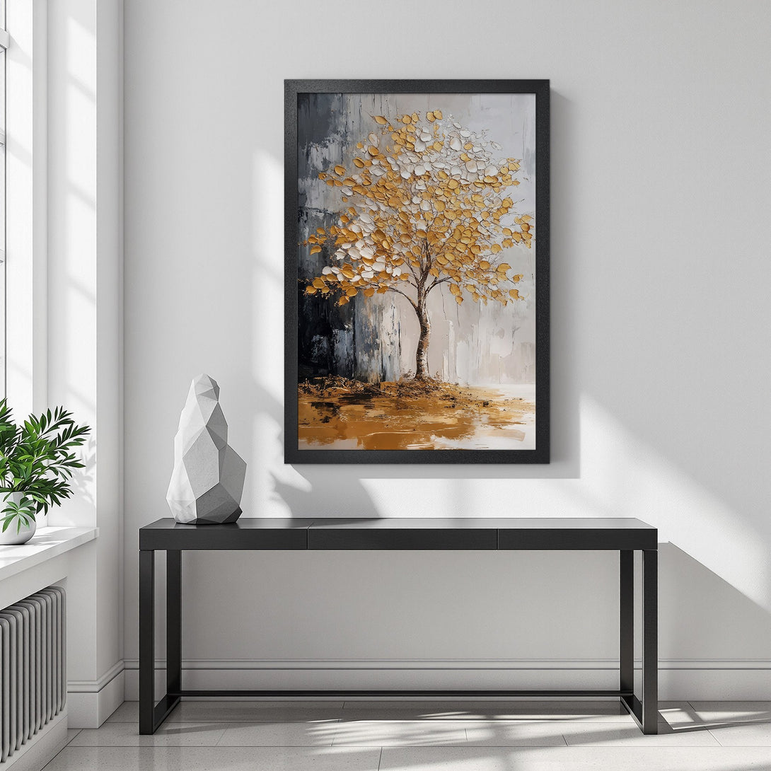 Framed Poster of a textured gold leaf tree art print. Modern style, neutral gray and gold color palette, perfect wall decor.