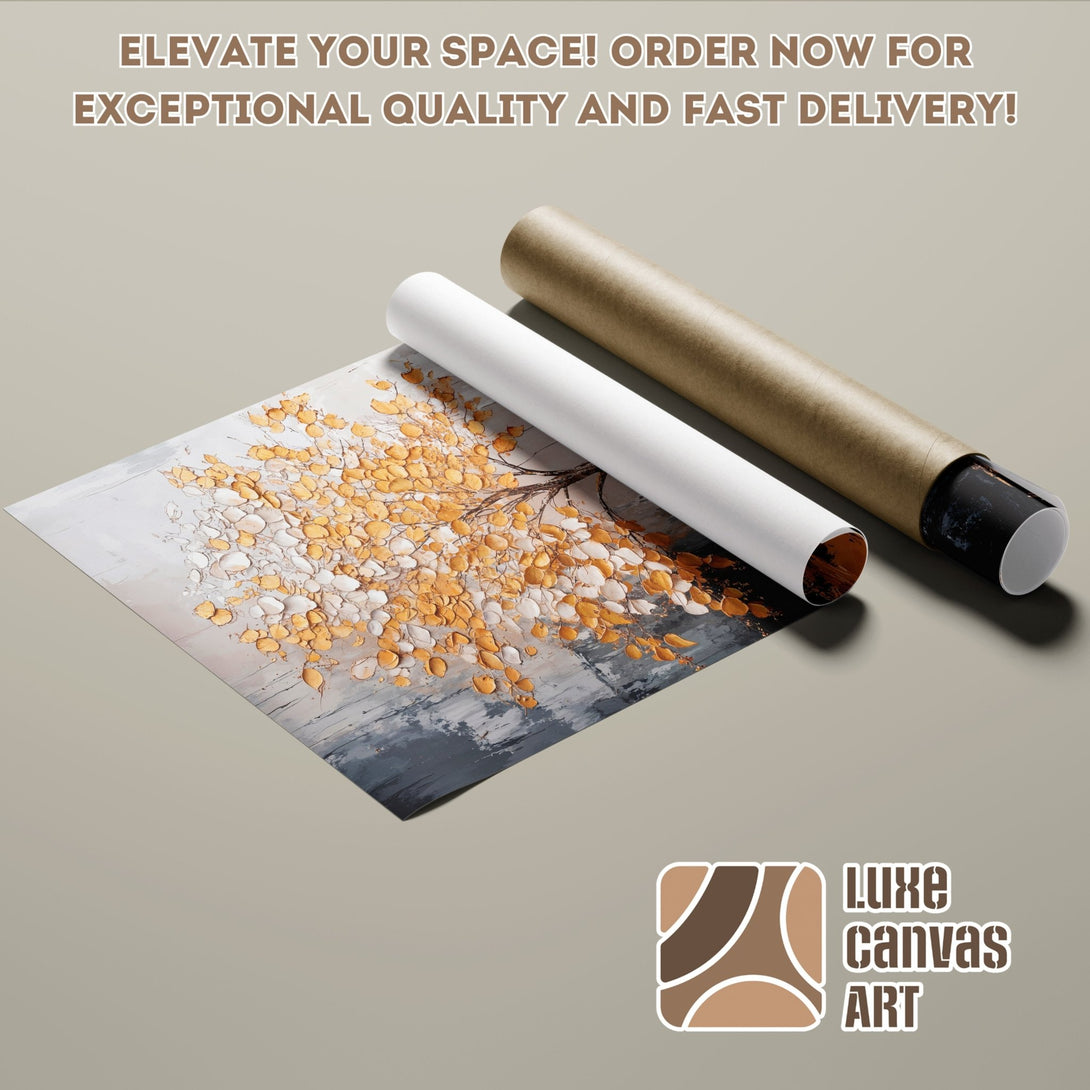 Poster Roll of abstract tree art, neutral tones with gold accents. Modern art style, perfect for home decor.