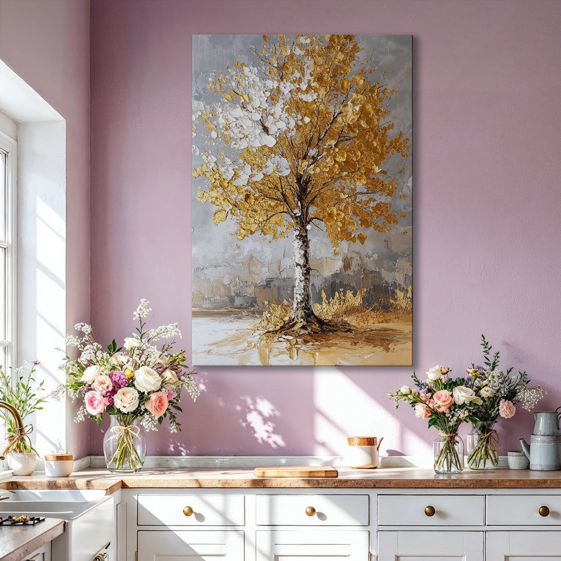 Framed Wall Art: Abstract gold tree painting in a modern living room. Warm, neutral color palette with gold accents. Perfect for adding elegance to your space.