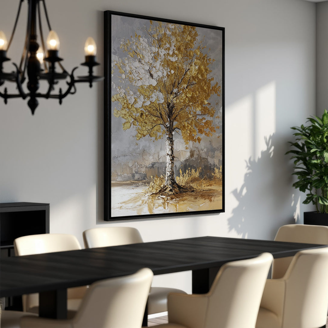 Framed Wall Art: Golden tree painting in a modern dining room. Textured art with gold, gray, and neutral tones. Perfect for adding elegance to your space.