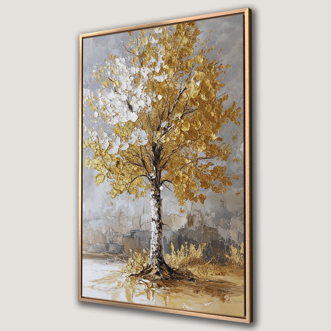 Framed Wall Art: Abstract gold tree painting on canvas. Modern art with a neutral, gold, and gray color palette. Perfect for living room decor.