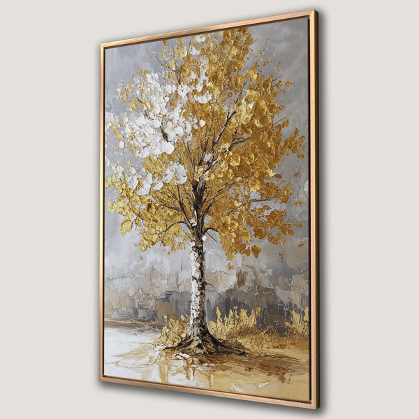 Framed Wall Art: Abstract gold tree painting on canvas. Modern art with a neutral, gold, and gray color palette. Perfect for living room decor.