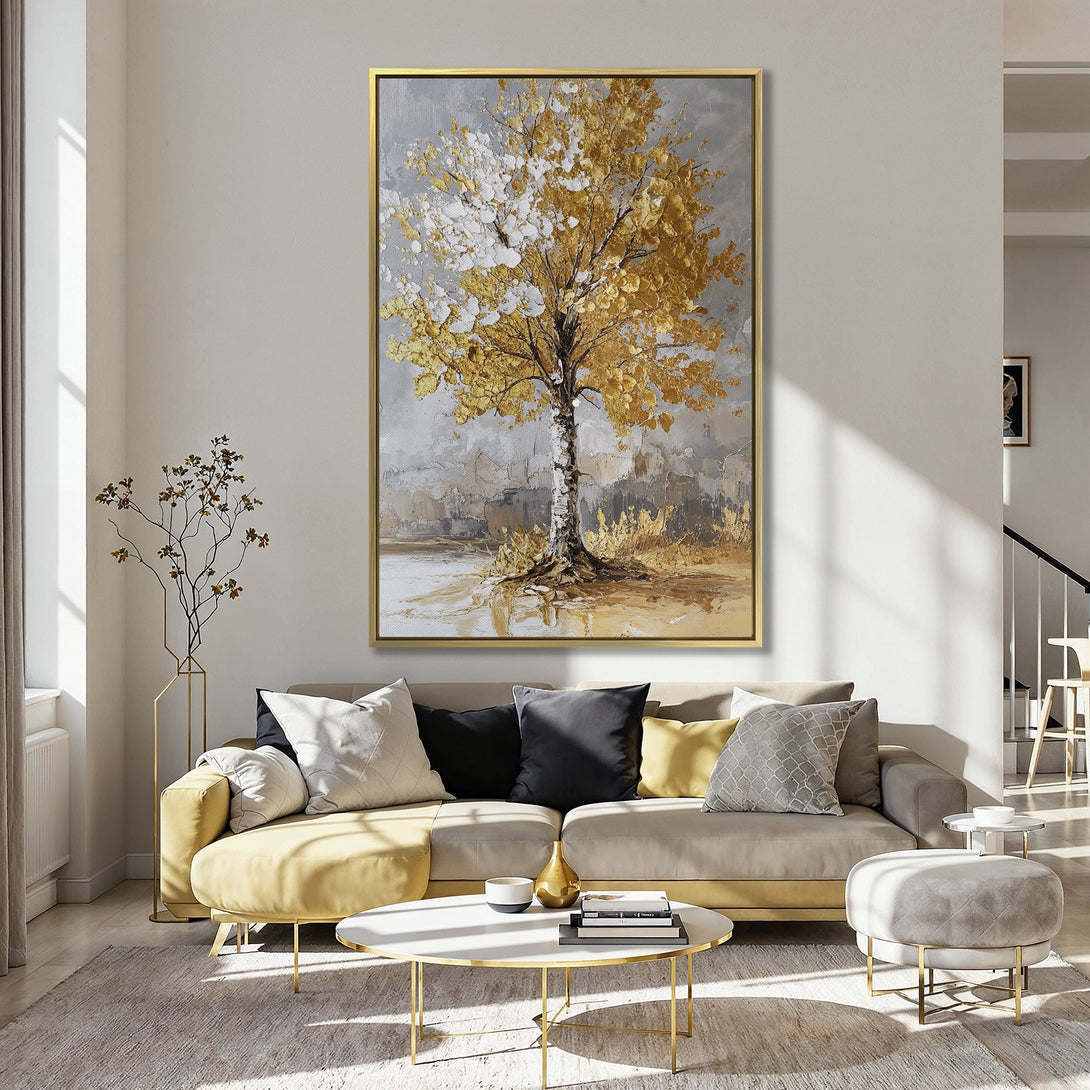 Canvas Print of a golden tree painting, perfect for adding warmth and style to any interior. Features a neutral, gold, and gray color palette.