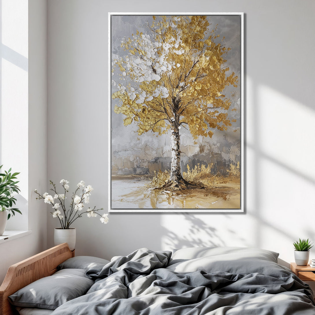 Framed Wall Art: Abstract golden tree painting in a bedroom. Modern style with gold, gray, and white color palette. Perfect for adding elegance to your space.