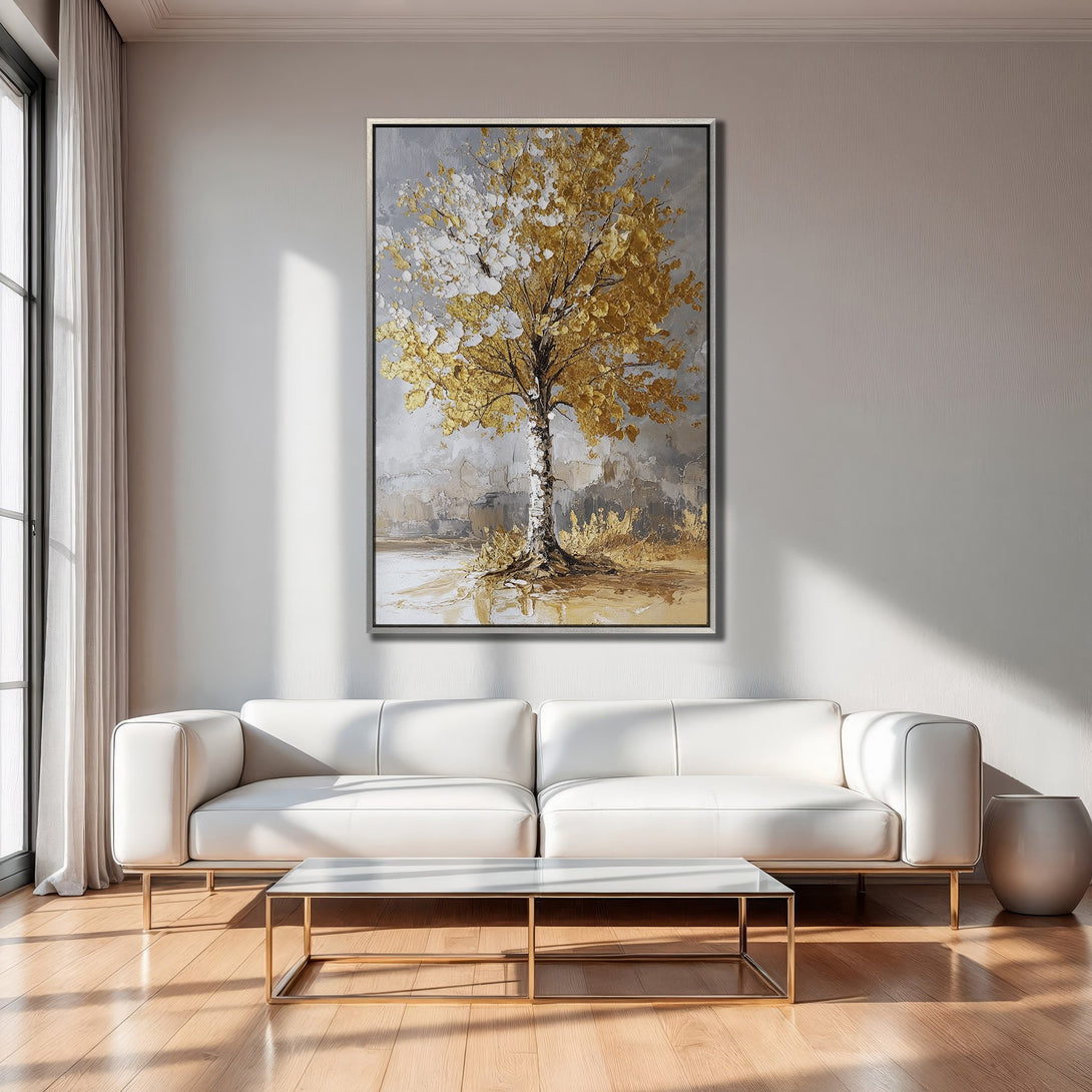 Framed Wall Art: Abstract gold tree painting in neutral tones. Modern art canvas print for living room decor.