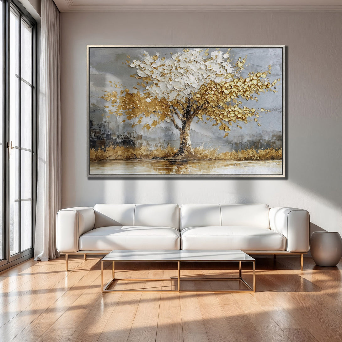Framed Wall Art: Abstract tree art in gold and white, displayed in a modern living room. Enhance your space with this elegant canvas print.