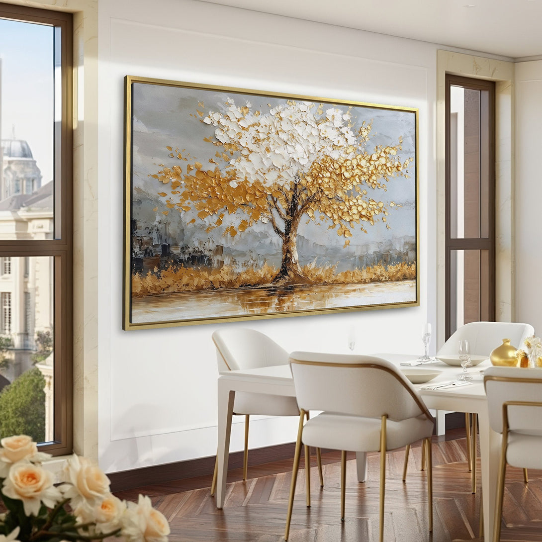Canvas Print of a golden tree painting in a luxurious interior. Features a gold, white, and gray color palette, perfect for elegant home decor.