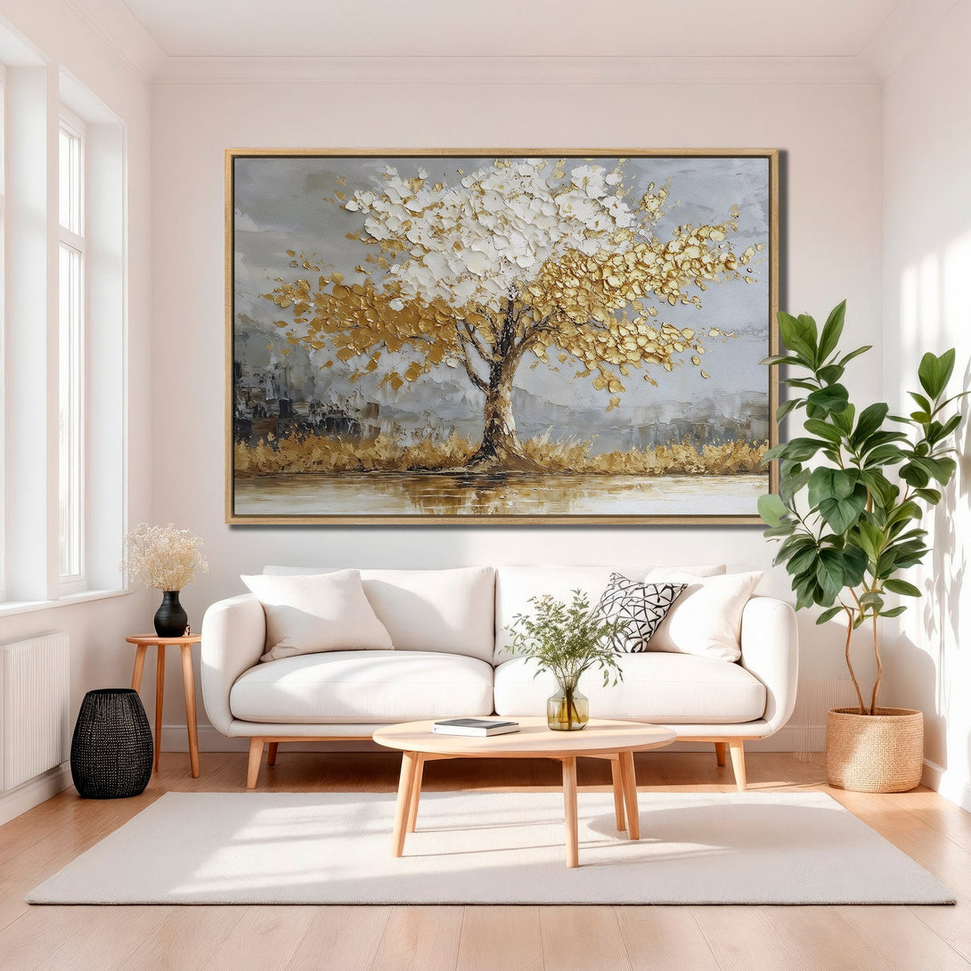 Framed Wall Art: Abstract tree painting in gold, white, and gray. Modern canvas print adds elegance to any living room decor. Shop now!