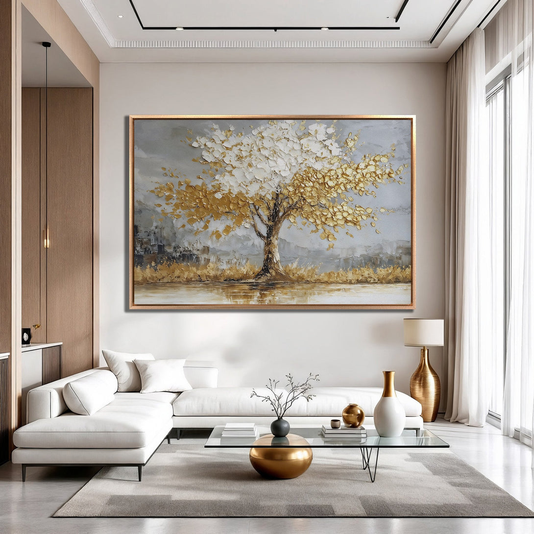 Framed Wall Art: Gold & white textured tree painting. Modern abstract style with neutral & gold color palette. Perfect for living room decor.