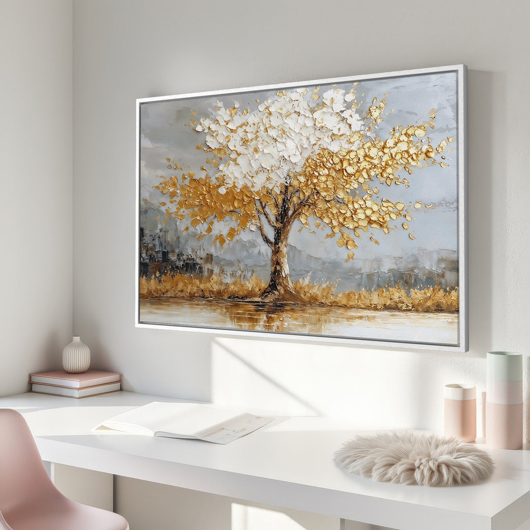 Framed Wall Art: Textured gold and white tree painting on canvas. Modern abstract art with a neutral, elegant color palette. Perfect for home decor.