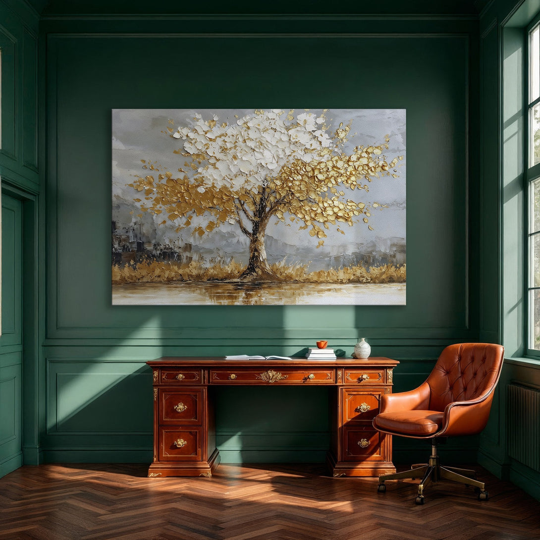 Framed Wall Art: Textured gold and white tree painting adds elegance. Neutral gray palette complements any decor. Perfect for dining rooms!