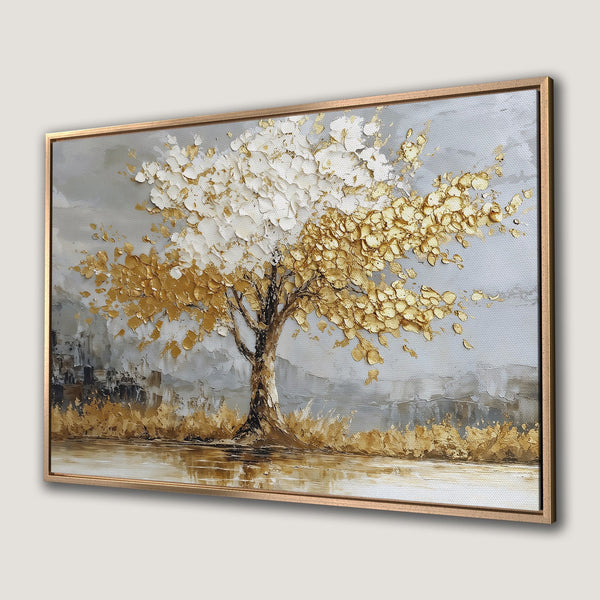 Framed Wall Art: Textured tree painting in gold, white, and gray. Modern abstract style, perfect for adding elegance to your home decor.
