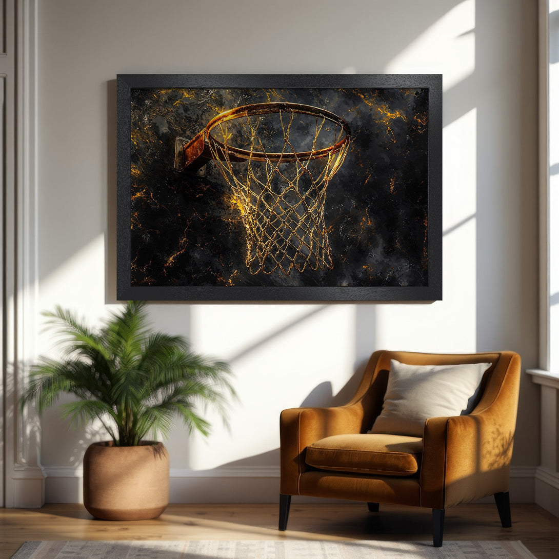 Framed Poster featuring a golden basketball hoop against a dark, abstract background. Modern art style with gold and black color palette. Perfect wall decor.