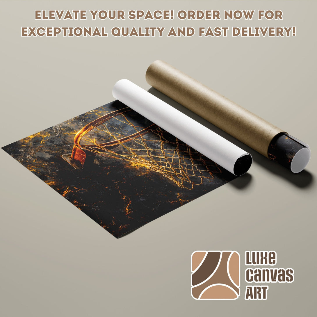 Basketball hoop art poster roll, modern style, black & gold color palette. Elevate your space!