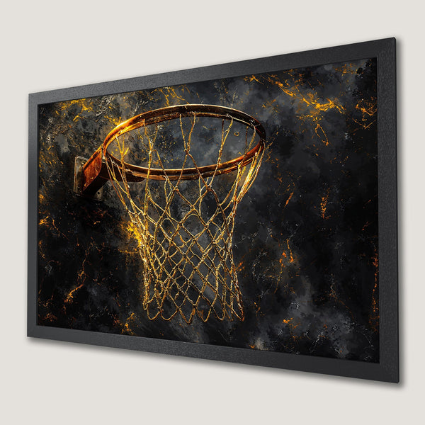 Framed Poster featuring a basketball hoop in a dramatic, abstract style with gold and black tones. Perfect wall art!