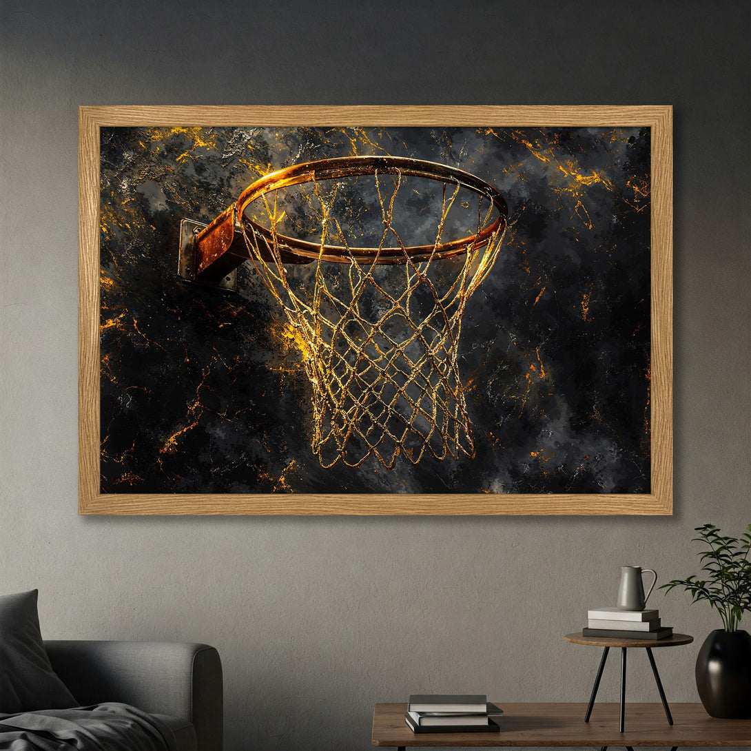 Framed Poster featuring a basketball hoop with an abstract, gold and black style. Perfect sports art for your home!