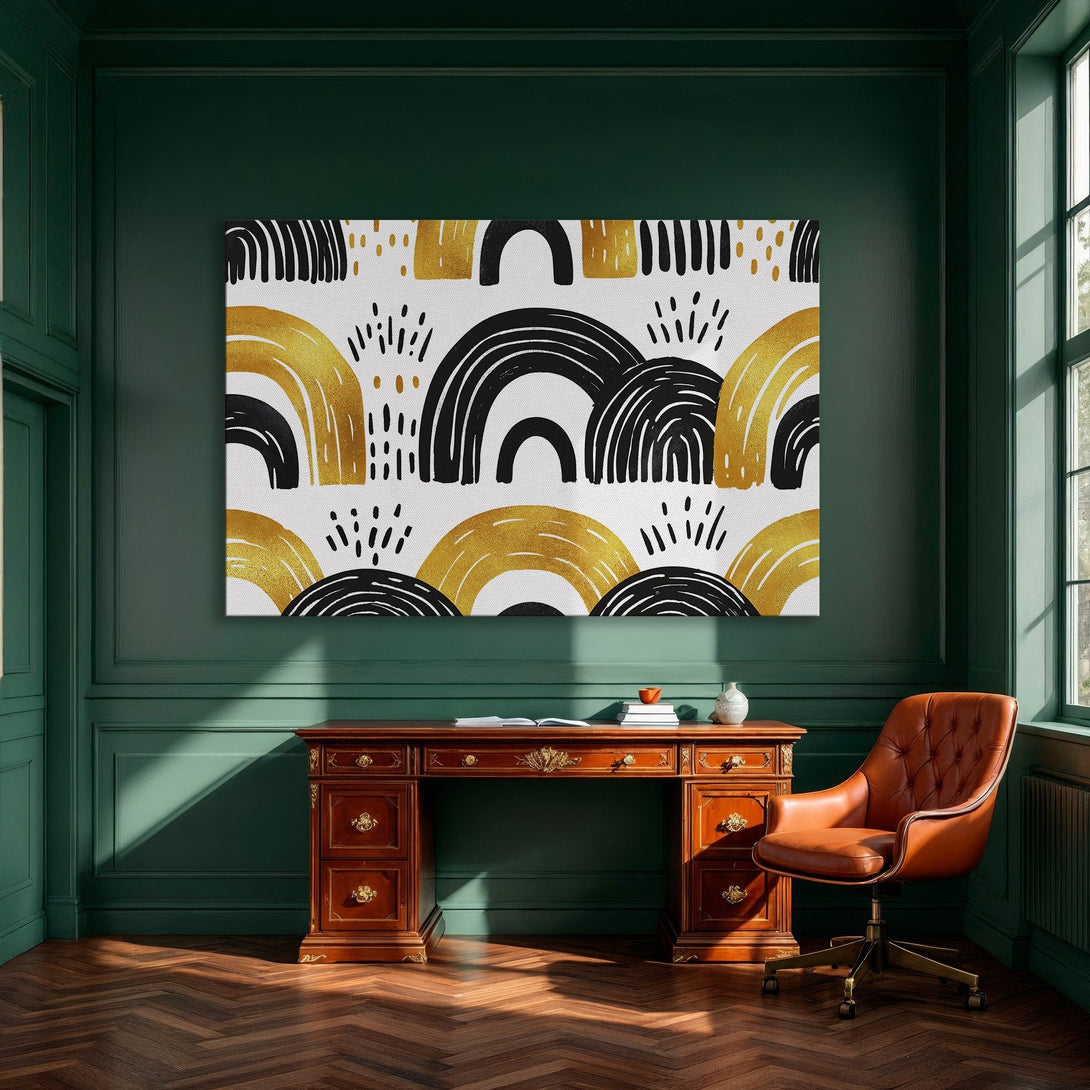 Framed Wall Art featuring a modern abstract design with gold, black, and white arches. Perfect for adding a touch of elegance to your dining room!