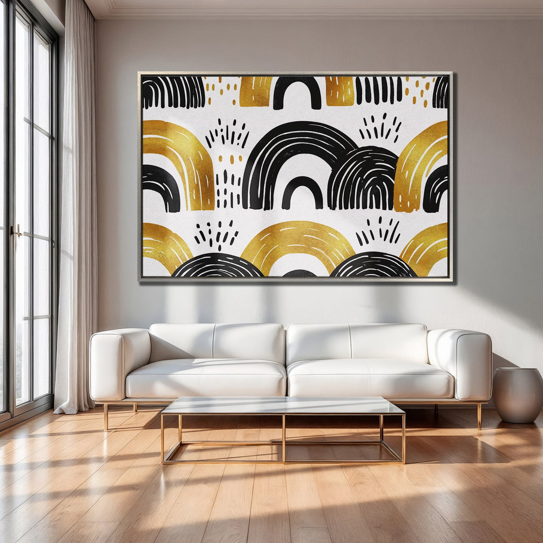 Framed Wall Art featuring a modern abstract design in black and gold, displayed in a stylish living room. Perfect for adding a touch of elegance.
