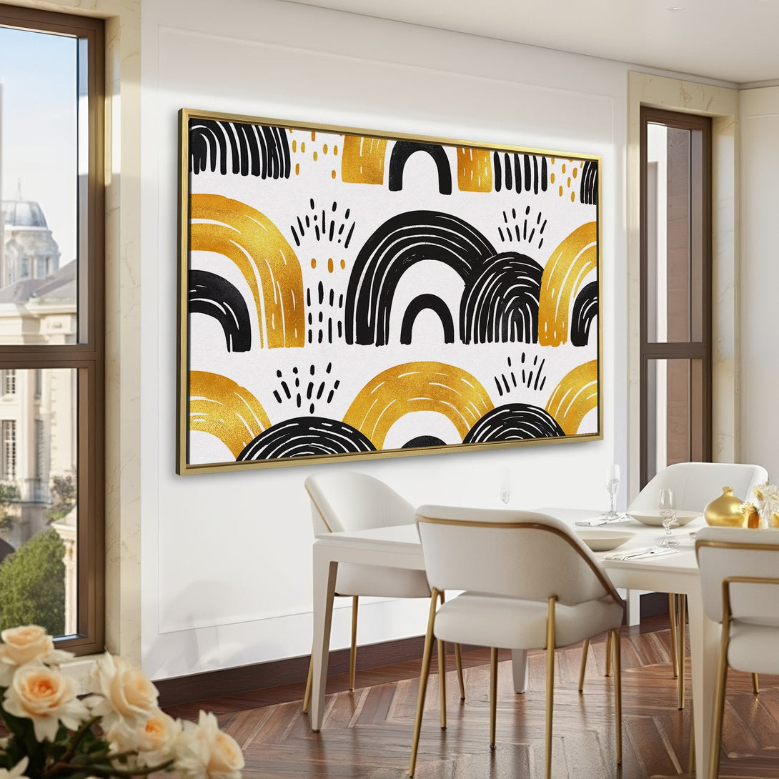 Canvas Print featuring abstract gold and black arches, displayed in a stylish green interior. Modern art with a neutral color palette, perfect for home decor.