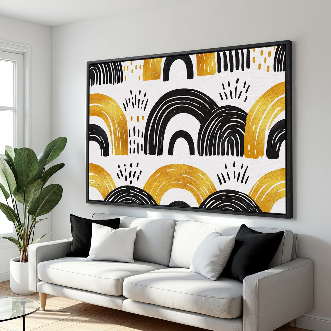 Framed Wall Art featuring a modern abstract design in gold, black, and white. Elevate your space with this stylish canvas print!