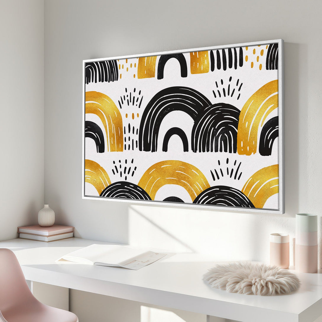 Framed Wall Art: Abstract rainbow design in black and gold. Modern canvas print for a stylish interior.