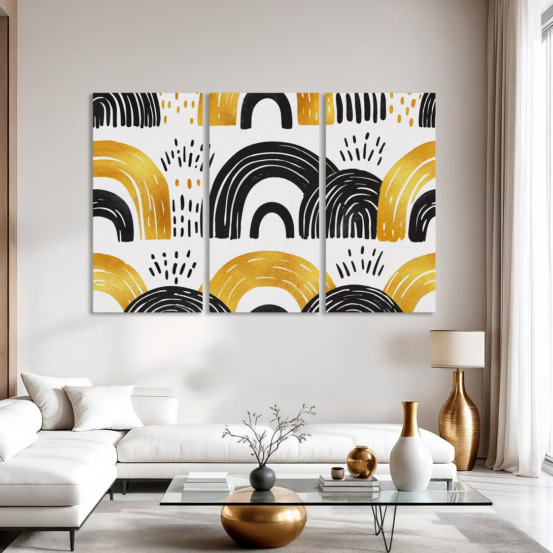 Abstract Canvas Print with gold, black, and white geometric design. Modern wall art for living room decor.