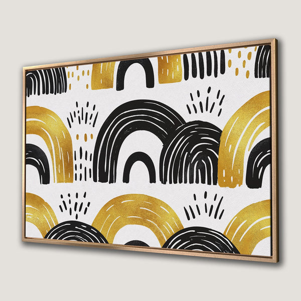 Framed Wall Art featuring a modern abstract design with gold, black, and white. Perfect for adding a touch of elegance to any space.