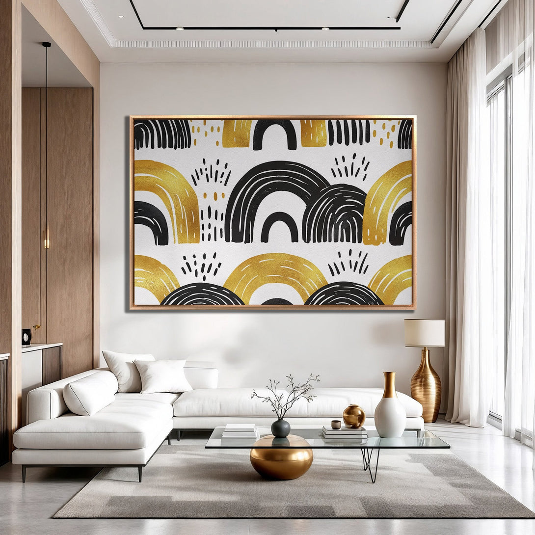 Framed Wall Art featuring abstract gold and black design. Modern canvas print adds a touch of elegance to any living room.