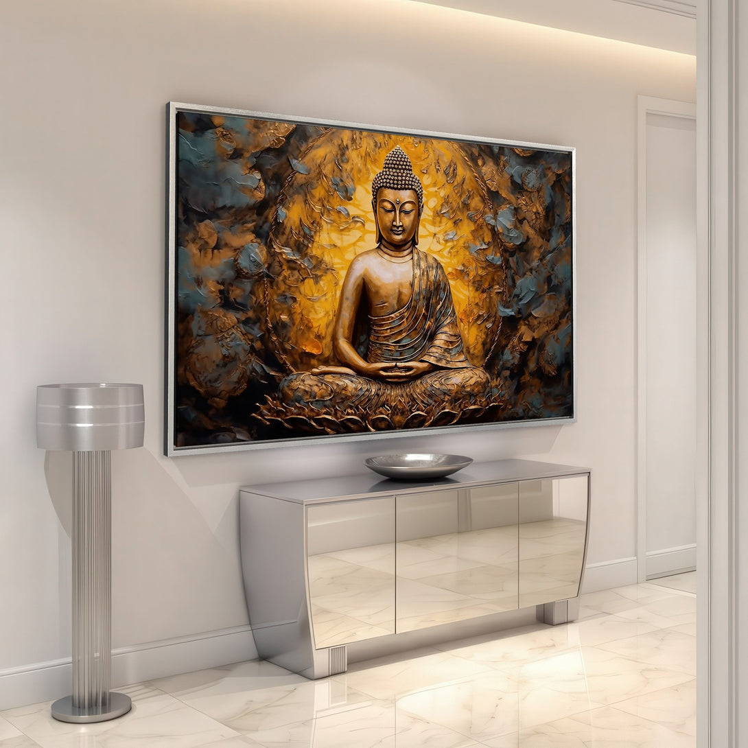Framed Wall Art: Buddha Canvas Print in a modern interior. Features a gold, teal, and brown color palette with an artistic style. Perfect for meditation spaces.