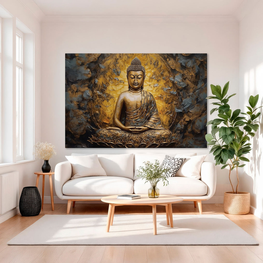 Framed Wall Art of Buddha in meditation, gold and teal abstract style. Enhance your living room with this serene Canvas Print.