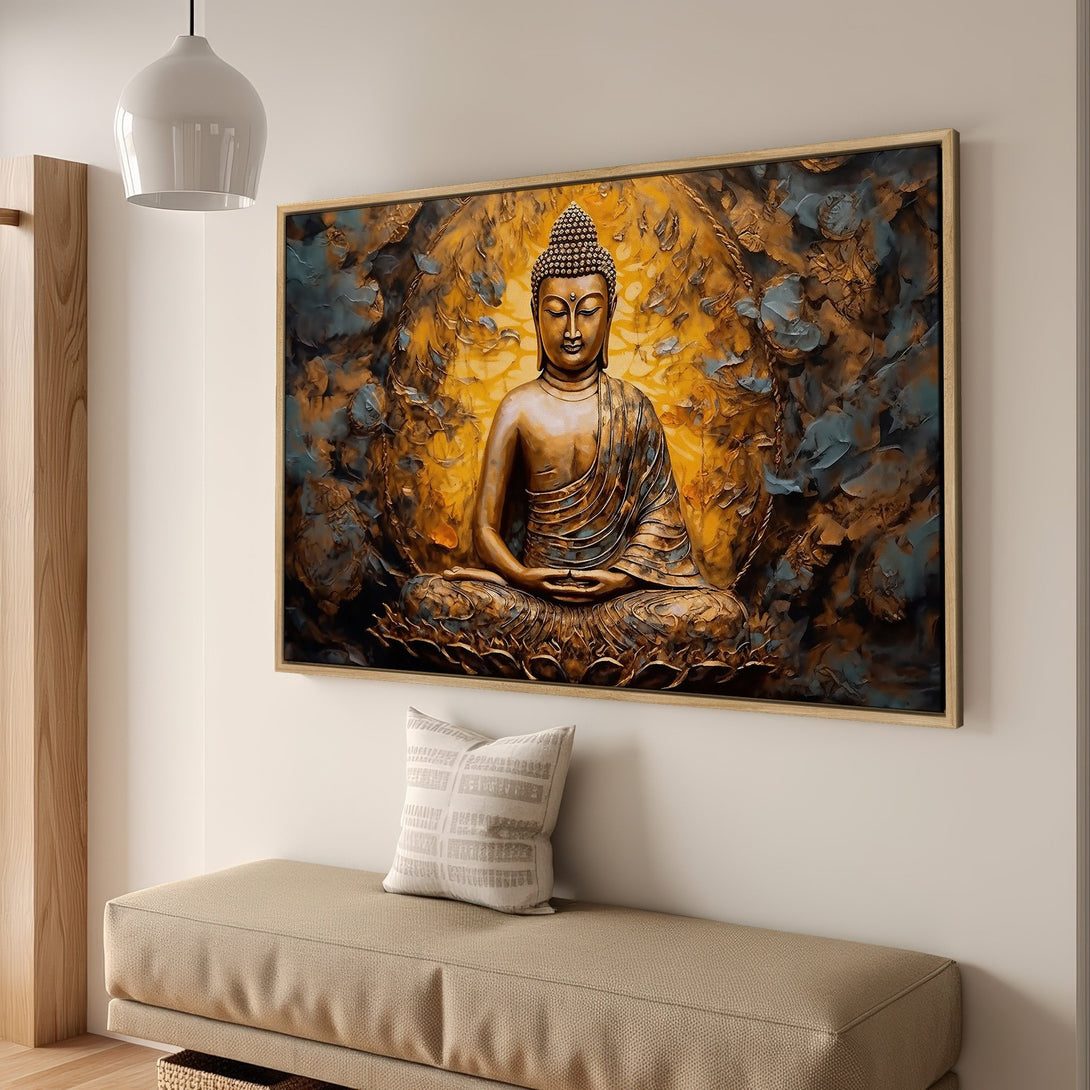 Framed Wall Art of Buddha in meditation. Earthy tones of gold, brown, and blue create a serene, spiritual vibe. Perfect for modern home decor. Canvas Print.