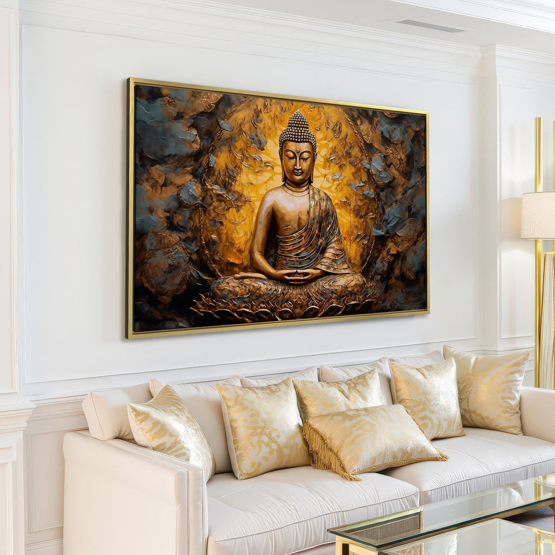 Canvas Print of a serene Buddha, gold and teal abstract art. Adds zen to any space. Modern home decor.