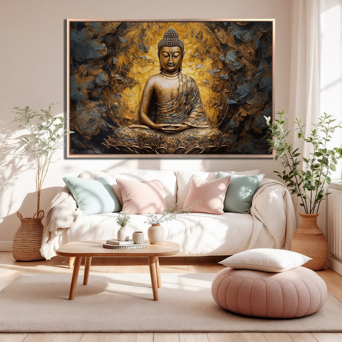 Framed Wall Art: Buddha Canvas Print in a living room. Gold, blue, and warm tones create a serene atmosphere. Perfect for meditation spaces.