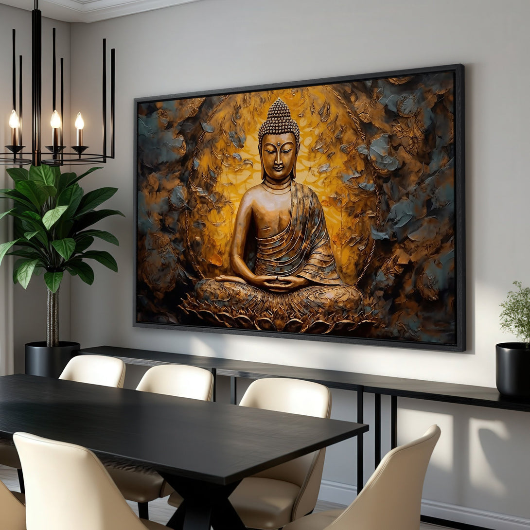 Framed Wall Art featuring a serene Buddha in gold and blue tones. Modern, textured canvas print for a tranquil home.