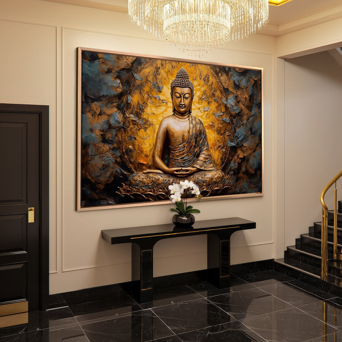Framed Wall Art: Buddha Canvas Print in gold, teal, and bronze tones. Elevate your space with this stunning, zen-inspired artwork.