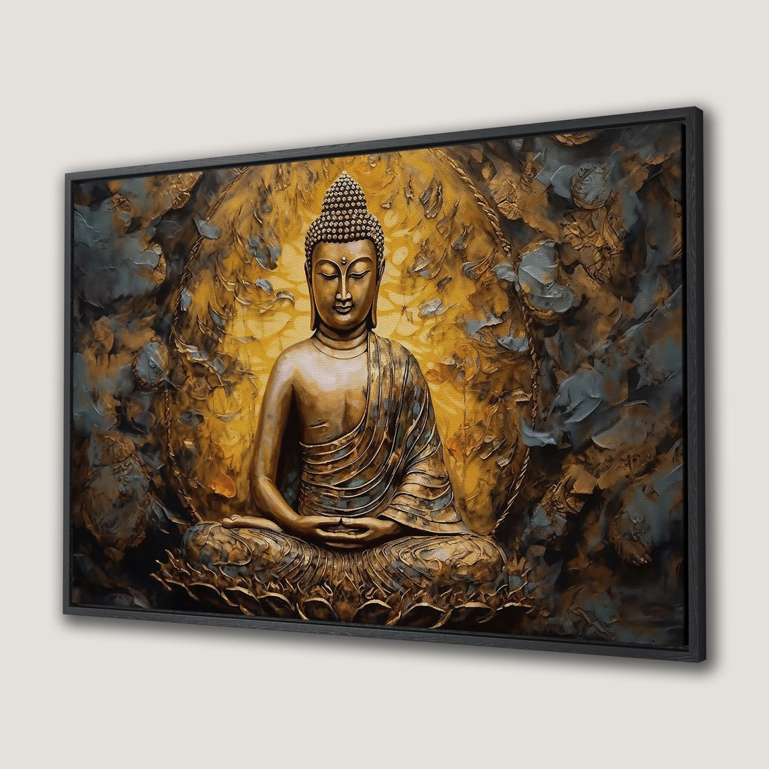 Framed Wall Art: Serene Buddha Canvas Print in warm gold, brown, and teal tones. Modern, artistic depiction for peaceful home decor.