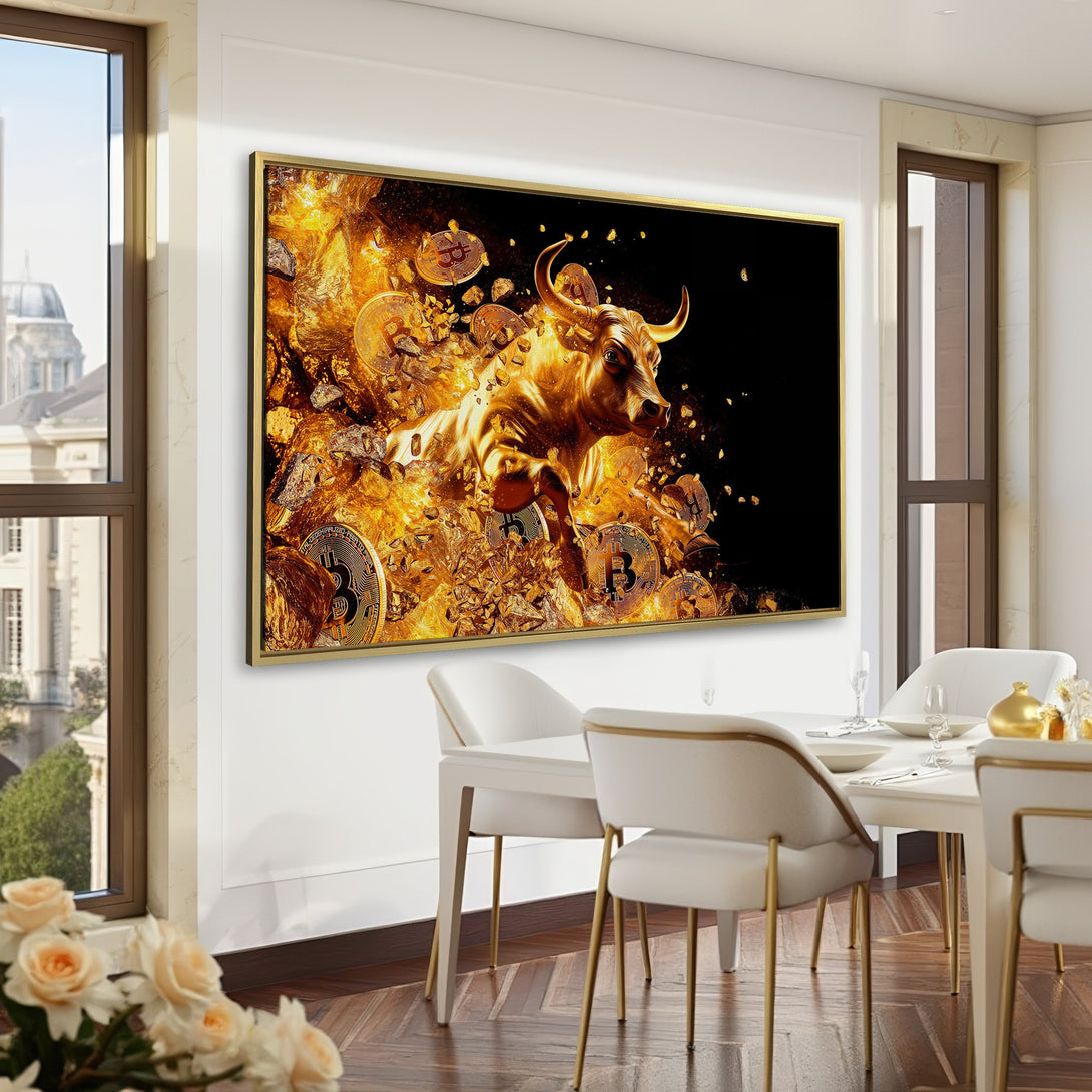 Canvas Print: Golden bull with Bitcoin coins against a black background. Dramatic art in a luxury interior with a warm, gold color palette.