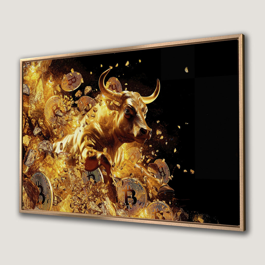 Framed Wall Art: Golden bull bursting through Bitcoin coins. Bold, modern art with a black and gold color palette. Perfect for crypto enthusiasts.